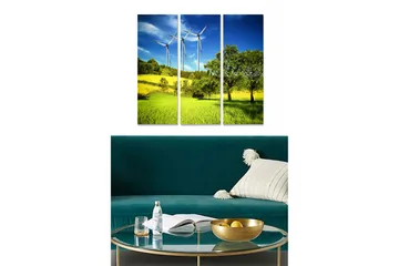 Canvastavla i trä 3-delar 50x70 cm - Vacker landskapsvy med vindkraftverk och grönskande fält - Grön / Gul / Blå - Inredning - Tavlor & posters - Canvastavla