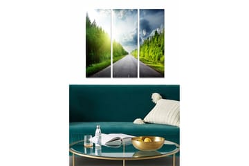Canvastavla i trä 3-delar 50x70 cm - Vacker landsväg omgiven av frodig grönska och himmel med moln - Grön / Grå / Blå - Inredning - Tavlor & posters - Canvastavla