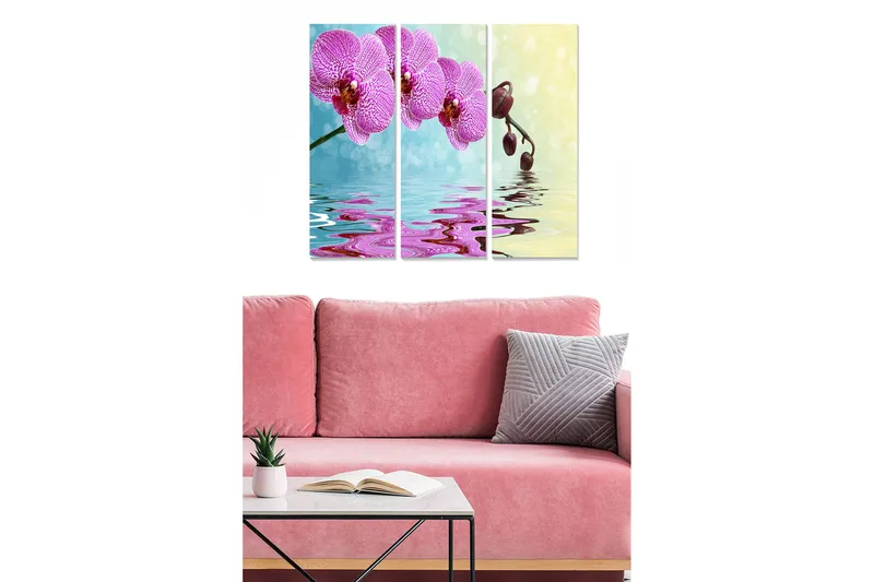 Canvastavla i trä 3-delar 50x70 cm - Vacker orkidé med reflektioner i vatten, Lila / Blå / Grön
