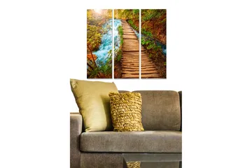 Canvastavla i trä 3-delar 50x70 cm - Vacker skogsstig med rinnande vatten och höstfärger - Grön / Brun / Blå - Inredning - Tavlor & posters - Canvastavla