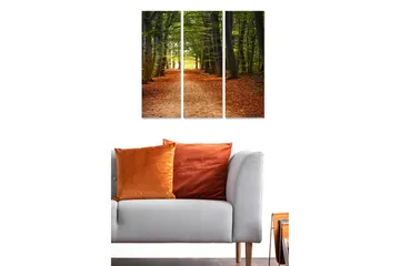 Canvastavla i trä 3-delar 50x70 cm - Vacker skogsväg omgiven av gröna träd och höstlöv - Grön / Orange / Brun - Inredning - Tavlor & posters - Canvastavla