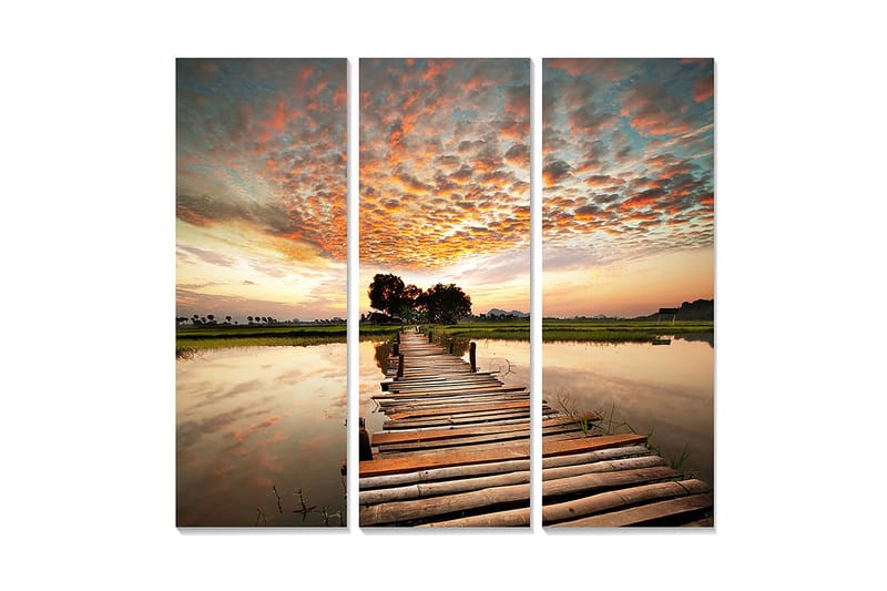 Canvastavla i trä 3-delar 50x70 cm - Vacker solnedgång över en träbro som sträcker sig över stilla vatten - Orange / Blå / Grön - Inredning - Tavlor & posters - Canvastavla