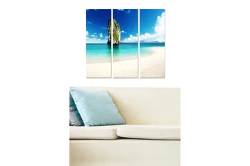 Canvastavla i trä 3-delar 50x70 cm - Vacker strand med klippformation och klarblå himmel - Blå / Turkos / Vit - Inredning - Tavlor & posters - Canvastavla
