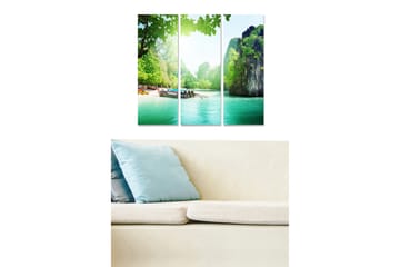 Canvastavla i trä 3-delar 50x70 cm - Vacker strand med klippor och grönskande omgivning - Grön / Turkos / Blå - Inredning - Tavlor & posters - Canvastavla