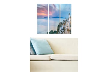 Canvastavla i trä 3-delar 50x70 cm - Vacker utsikt över en grekisk kuststad vid solnedgången - Vit / Blå / Rosa - Inredning - Tavlor & posters - Canvastavla