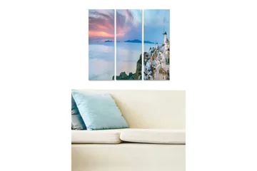 Canvastavla i trä 3-delar 50x70 cm - Vacker utsikt över en grekisk kuststad vid solnedgången - Vit / Blå / Rosa - Inredning - Tavlor & posters - Canvastavla