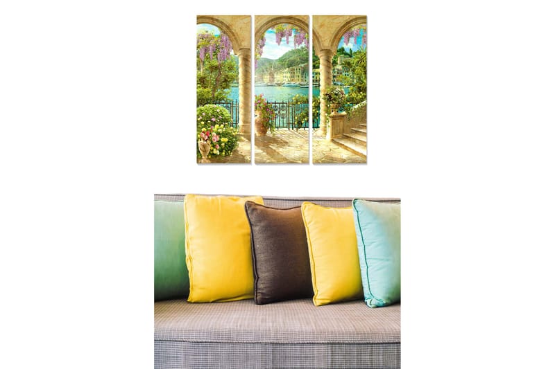 Canvastavla i trä 3-delar 50x70 cm - Vacker utsikt över en medelhavshamn med blommor och pelargångar, Grön / Lila / Guld