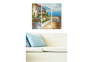 Canvastavla i trä 3-delar 50x70 cm - Vacker utsikt över en medelhavsinspirerad by med blommor och havet i bakgrunden - Grön / Blå / Terrakotta - Inredning - Tavlor & posters - Canvastavla