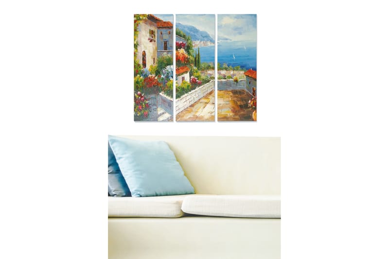 Canvastavla i trä 3-delar 50x70 cm - Vacker utsikt över en medelhavsinspirerad by med blommor och havet i bakgrunden, Grön / Blå / Terrakotta