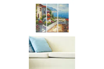 Canvastavla i trä 3-delar 50x70 cm - Vacker utsikt över en medelhavsinspirerad by med blommor och havet i bakgrunden - Grön / Blå / Terrakotta - Inredning - Tavlor & posters - Canvastavla