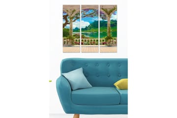 Canvastavla i trä 3-delar 50x70 cm - Vacker utsikt från en pergola med blommor och berg i bakgrunden - Grön / Blå / Vit - Inredning - Tavlor & posters - Canvastavla