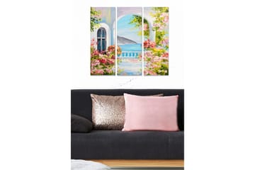 Canvastavla i trä 3-delar 50x70 cm - Vacker utsikt genom en båge med blommor och hav i bakgrunden - Rosa / Blå / Grön - Inredning - Tavlor & posters - Canvastavla