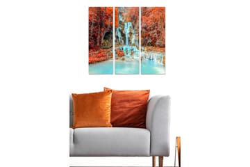 Canvastavla i trä 3-delar 50x70 cm - Vacker vattenfall omgiven av färgglada höstlöv - Röd / Turkos / Orange - Inredning - Tavlor & posters - Canvastavla