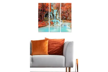 Canvastavla i trä 3-delar 50x70 cm - Vacker vattenfall omgiven av färgglada höstlöv - Röd / Turkos / Orange - Inredning - Tavlor & posters - Canvastavla