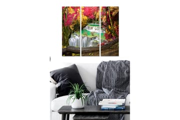 Canvastavla i trä 3-delar 50x70 cm - Vacker vattenfall omgiven av färgglada höstträd - Grön / Röd / Gul - Inredning - Tavlor & posters - Canvastavla