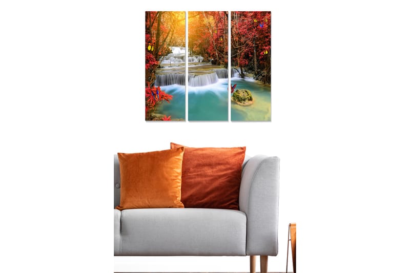 Canvastavla i trä 3-delar 50x70 cm - Vacker vattenfallsscen omgiven av höstfärgade träd och fjärilar - Röd / Blå / Turkos - Inredning - Tavlor & posters - Canvastavla