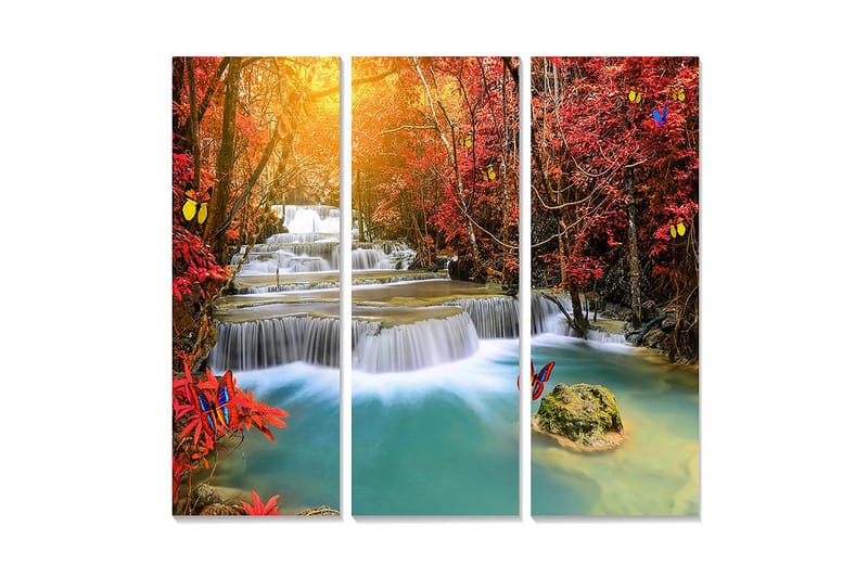 Canvastavla i trä 3-delar 50x70 cm - Vacker vattenfallsscen omgiven av höstfärgade träd och fjärilar, Röd / Blå / Turkos