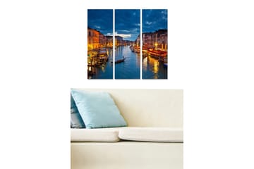 Canvastavla i trä 3-delar 50x70 cm - Vacker vy över en kanal med gondoler och upplysta byggnader i skymningen - Mörkblå / Guld / Orange - Inredning - Tavlor & posters - Canvastavla