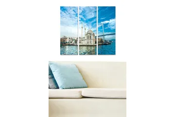 Canvastavla i trä 3-delar 50x70 cm - Vacker vy av en moské vid vattnet med en bro i bakgrunden - Blå / Vit / Grå - Inredning - Tavlor & posters - Canvastavla
