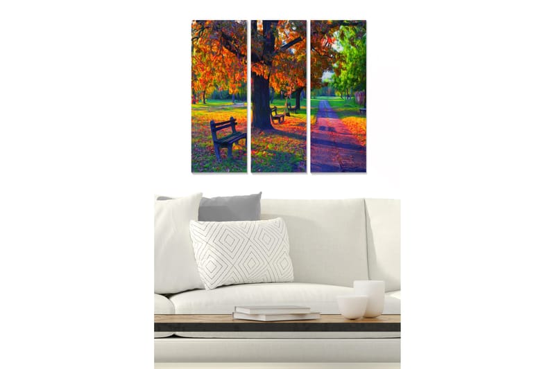 Canvastavla i trä 3-delar 50x70 cm - Vacker park med färgglada höstlöv och bänkar, Orange / Grön / Brun
