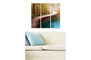 Canvastavla i trä 3-delar 50x70 cm - Vacker promenadstig genom en höstlig skog vid vattnet - Brun / Grön / Blå - Inredning - Tavlor & posters - Canvastavla