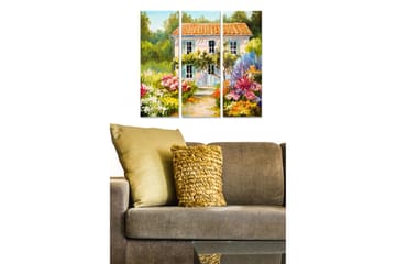 Canvastavla i trä 3-delar 50x70 cm - Vackert hus omgiven av blomstrande trädgård - Grön / Rosa / Lila - Inredning - Tavlor & posters - Canvastavla