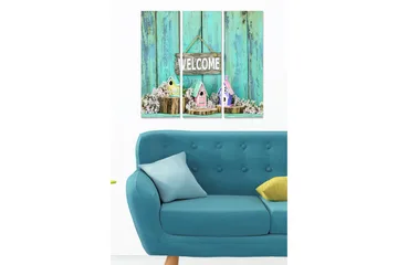 Canvastavla i trä 3-delar 50x70 cm - Vackra fågelholkar med blommor och en välkomnande skylt - Turkos / Rosa / Vit - Inredning - Tavlor & posters - Canvastavla
