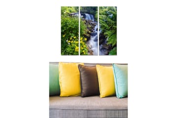 Canvastavla i trä 3-delar 50x70 cm - Vattenfall omgiven av grönskande växtlighet och blommor - Grön / Gul / Blå - Inredning - Tavlor & posters - Canvastavla