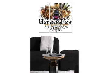 Canvastavla i trä 3-delar 50x70 cm - Vild björn med färgglada fjädrar och ornamentik - Brun / Svart / Orange - Inredning - Tavlor & posters - Canvastavla