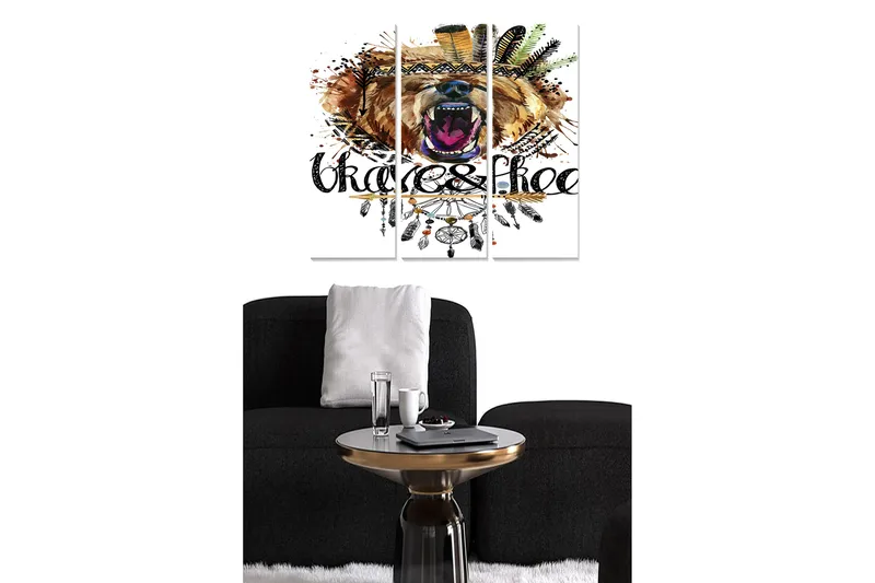 Canvastavla i trä 3-delar 50x70 cm - Vild björn med färgglada fjädrar och ornamentik, Brun / Svart / Orange