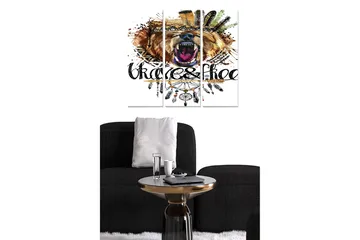 Canvastavla i trä 3-delar 50x70 cm - Vild björn med färgglada fjädrar och ornamentik - Brun / Svart / Orange - Inredning - Tavlor & posters - Canvastavla