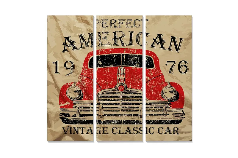 Canvastavla i trä 3-delar 50x70 cm - Vintage amerikansk bil från 1976 - Röd / Beige / Svart - Inredning - Tavlor & posters - Canvastavla