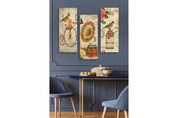 Canvastavla i trä 3-delar 50x70 cm - Vintage komposition med fåglar, blommor och gramofon - Guld / Rosa / Grön - Inredning - Tavlor & posters - Canvastavla