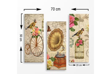 Canvastavla i trä 3-delar 50x70 cm - Vintage komposition med fåglar, blommor och gramofon - Guld / Rosa / Grön - Inredning - Tavlor & posters - Canvastavla