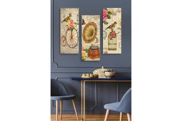 Canvastavla i trä 3-delar 50x70 cm - Vintage komposition med fåglar, blommor och gramofon - Guld / Rosa / Grön - Inredning - Tavlor & posters - Canvastavla