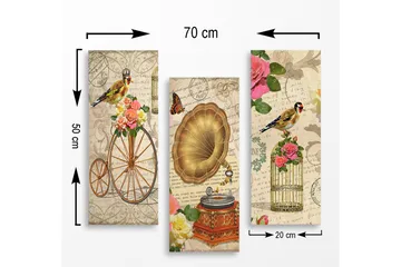 Canvastavla i trä 3-delar 50x70 cm - Vintage komposition med fåglar, blommor och gramofon - Guld / Rosa / Grön - Inredning - Tavlor & posters - Canvastavla