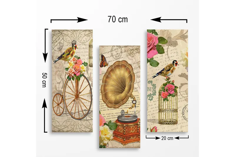 Canvastavla i trä 3-delar 50x70 cm - Vintage komposition med fåglar, blommor och gramofon - Guld / Rosa / Grön - Inredning - Tavlor & posters - Canvastavla