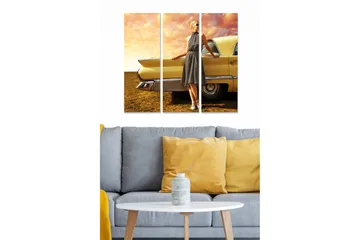 Canvastavla i trä 3-delar 50x70 cm - Vintage kvinna vid en klassisk bil - Gul / Beige / Brun - Inredning - Tavlor & posters - Canvastavla