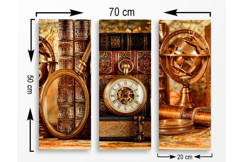 Canvastavla i trä 3-delar 50x70 cm - Vintage samling av böcker och tidmätare - Brunt / Guld / Beige - Inredning - Tavlor & posters - Canvastavla