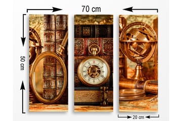 Canvastavla i trä 3-delar 50x70 cm - Vintage samling av böcker och tidmätare - Brunt / Guld / Beige - Inredning - Tavlor & posters - Canvastavla