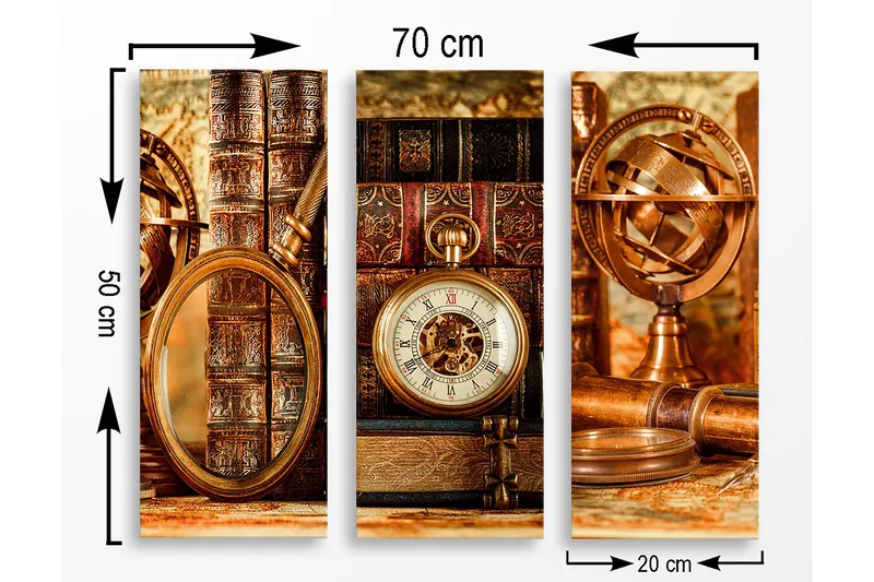 Canvastavla i trä 3-delar 50x70 cm - Vintage samling av böcker och tidmätare - Brunt / Guld / Beige - Inredning - Tavlor & posters - Canvastavla