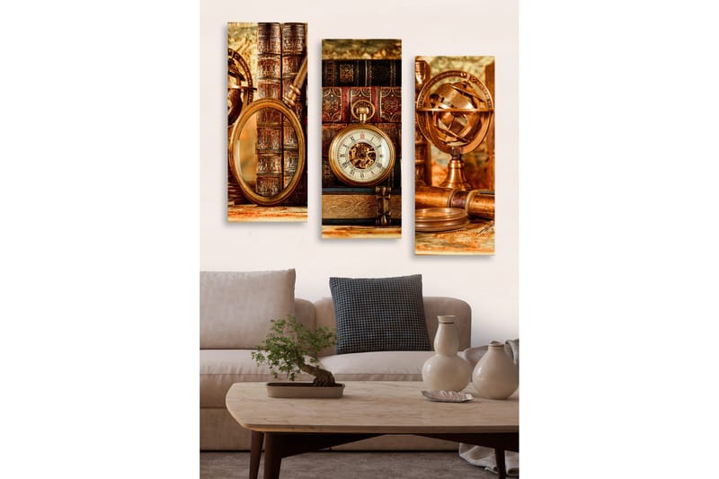Canvastavla i trä 3-delar 50x70 cm - Vintage samling av böcker och tidmätare - Brunt / Guld / Beige - Inredning - Tavlor & posters - Canvastavla