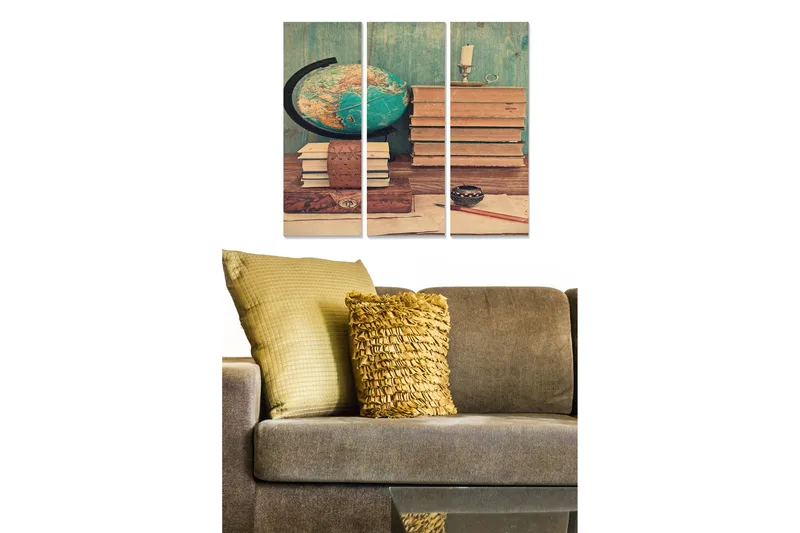 Canvastavla i trä 3-delar 50x70 cm - Vintage skrivbord med böcker och en glob - Grön / Brun / Beige - Inredning - Tavlor & posters - Canvastavla
