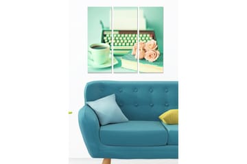 Canvastavla i trä 3-delar 50x70 cm - Vintage skrivmaskin med kaffe och rosor - Mintgrön / Ljusrosa / Mörkgrön - Inredning - Tavlor & posters - Canvastavla