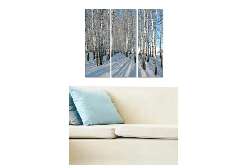 Canvastavla i trä 3-delar 50x70 cm - Vinterlandskap med björkar i snödräkt, Vit / Blå