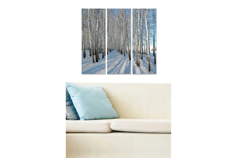 Canvastavla i trä 3-delar 50x70 cm - Vinterlandskap med björkar i snödräkt, Vit / Blå