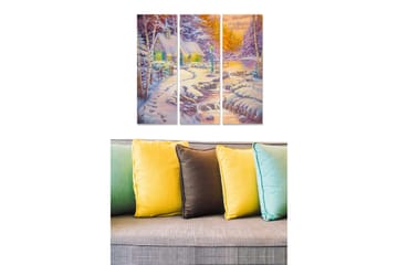 Canvastavla i trä 3-delar 50x70 cm - Vinterlandskap med en stuga omgiven av snö och träd - Vit / Grön / Blå - Inredning - Tavlor & posters - Canvastavla