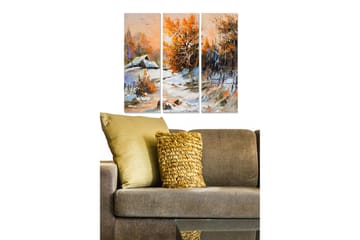 Canvastavla i trä 3-delar 50x70 cm - Vinterlandskap med snöklädda träd och en stuga - Orange / Blå / Vit - Inredning - Tavlor & posters - Canvastavla