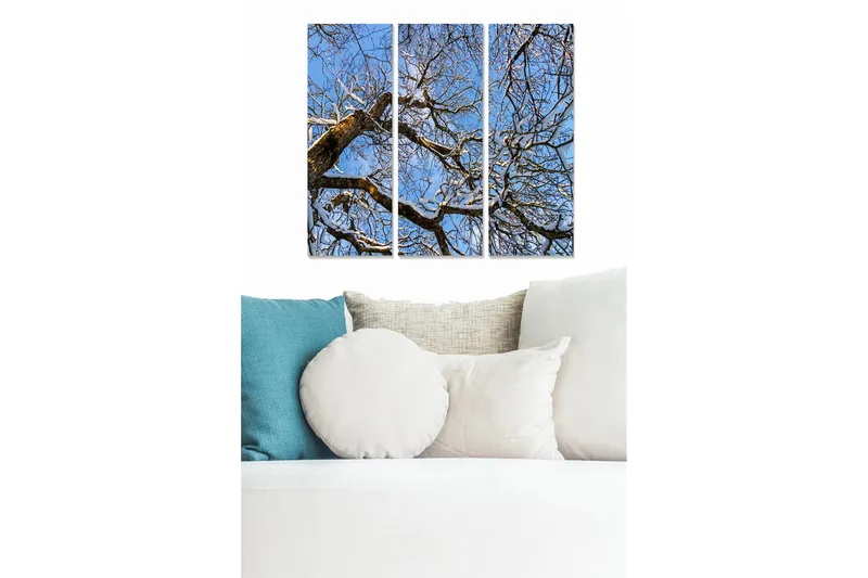 Canvastavla i trä 3-delar 50x70 cm - Vinterlandskap med snöklädda trädgrenar mot en klarblå himmel, Blå / Vit / Brun