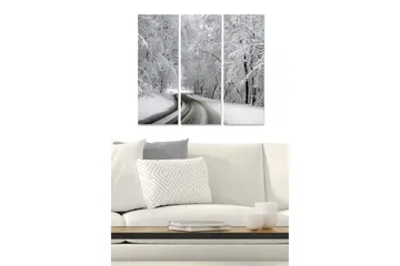 Canvastavla i trä 3-delar 50x70 cm - Vinterlandskap med snötäckta träd och en slingrande väg - Vit / Grå - Inredning - Tavlor & posters - Canvastavla